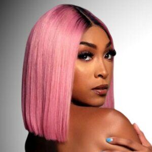 Pink Wig Synthetic Straight Hair Middle Part Shoulder Length Ombre Bob Wig (12in